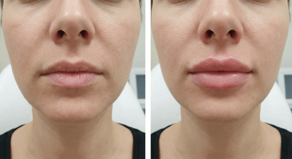 Antes y después de aumento de labios con ácido hialurónico y resultado natural