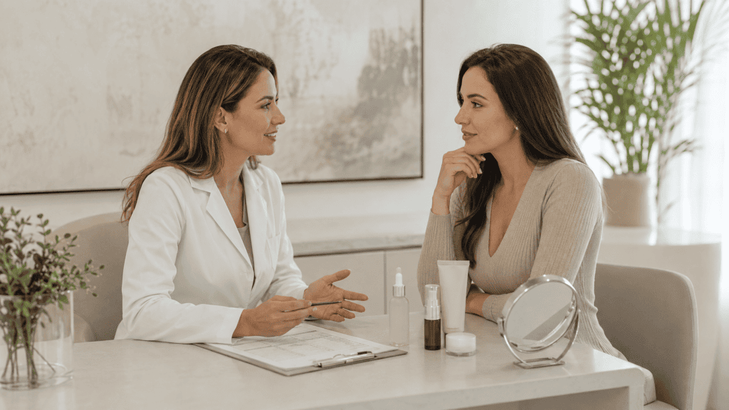 Looksmaxxing: cuando mejorar tu imagen puede convertirse en un problema 5 Profesional sanitaria hablando con una paciente sobre cuidado de la piel y medicina estética responsable.