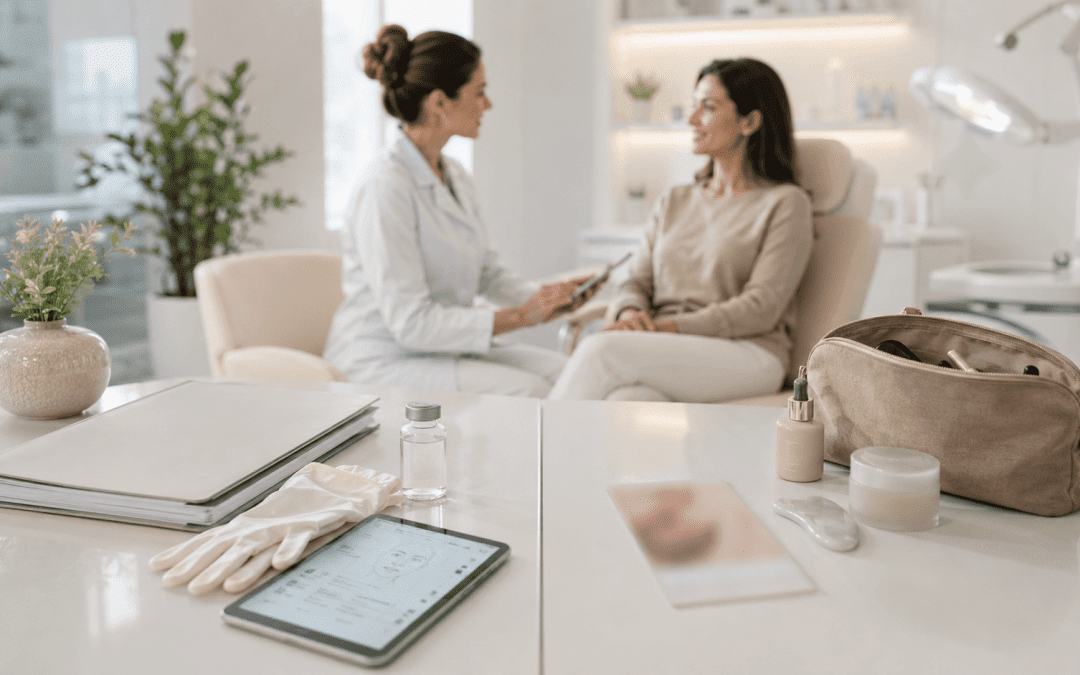 Médica de estética facial asesora a una paciente en una consulta clínica moderna