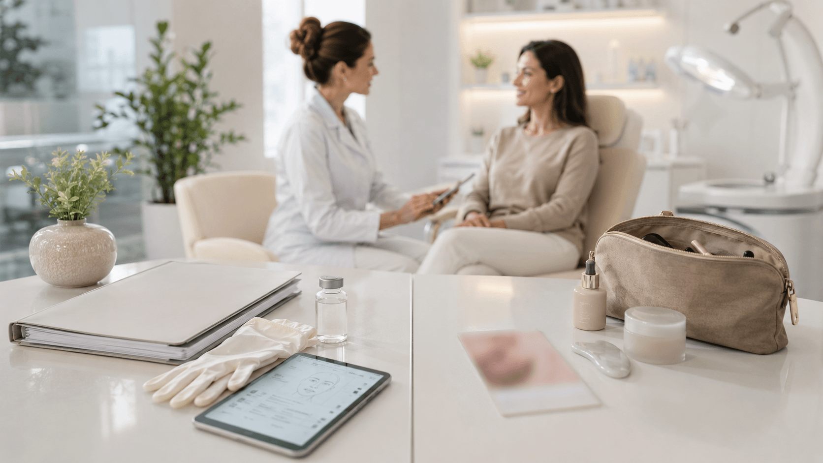 Médica de estética facial asesora a una paciente en una consulta clínica moderna