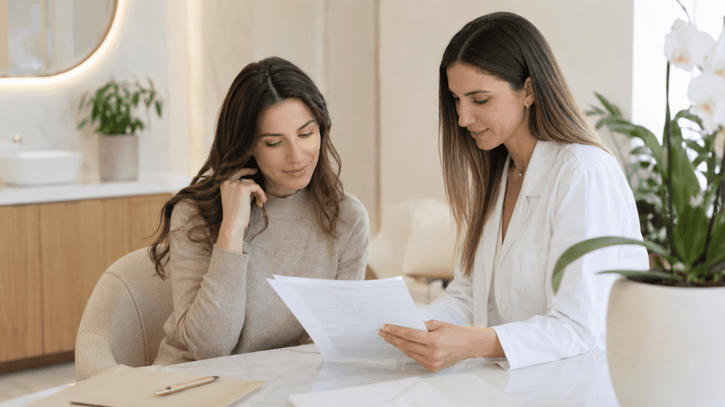 Médica revisa documentación clínica con una paciente antes de un tratamiento estético facial