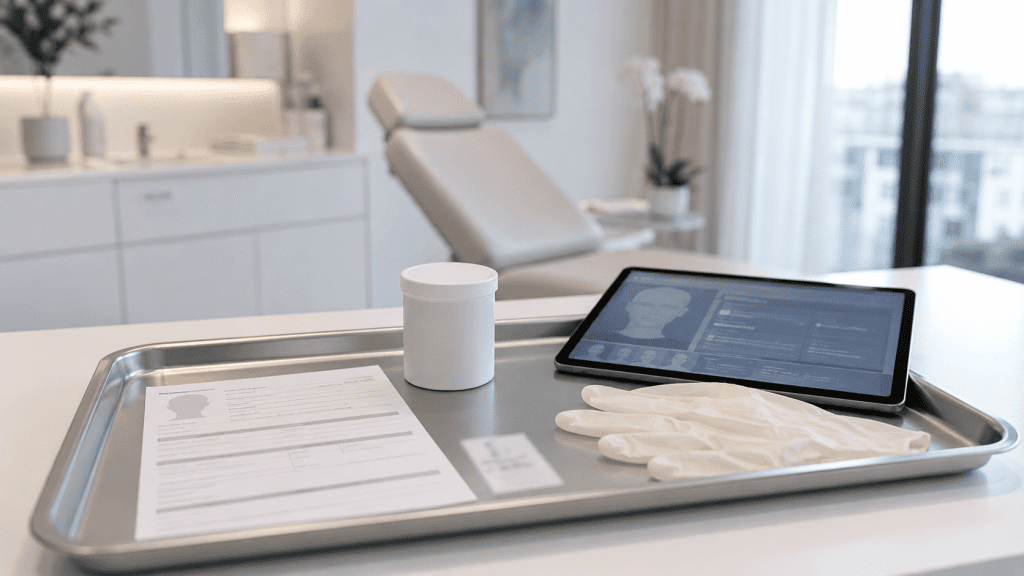 Bandeja con documentación clínica, guantes y tablet en una consulta de medicina estética