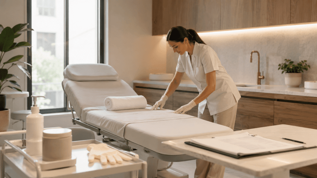 Profesional sanitaria prepara una camilla en una consulta de medicina estética