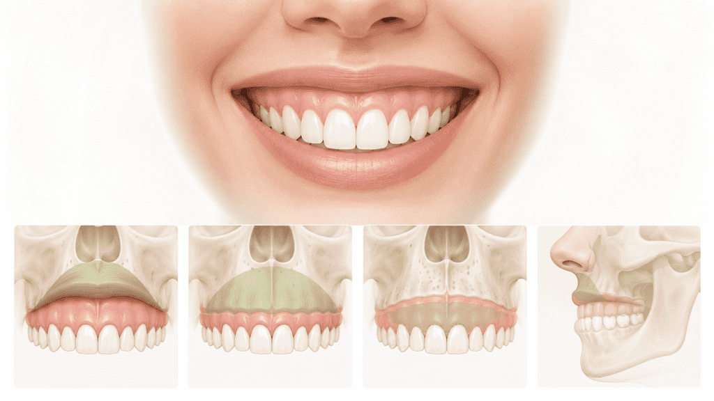 Ilustración de las causas de la sonrisa gingival.