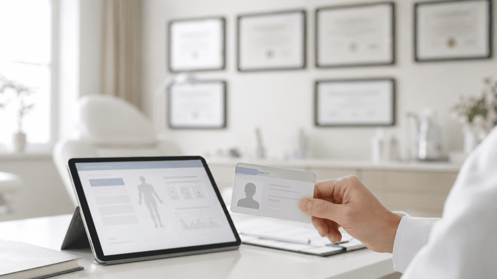 Profesional sanitario revisa la ficha clínica digital de un paciente en una consulta médica estética