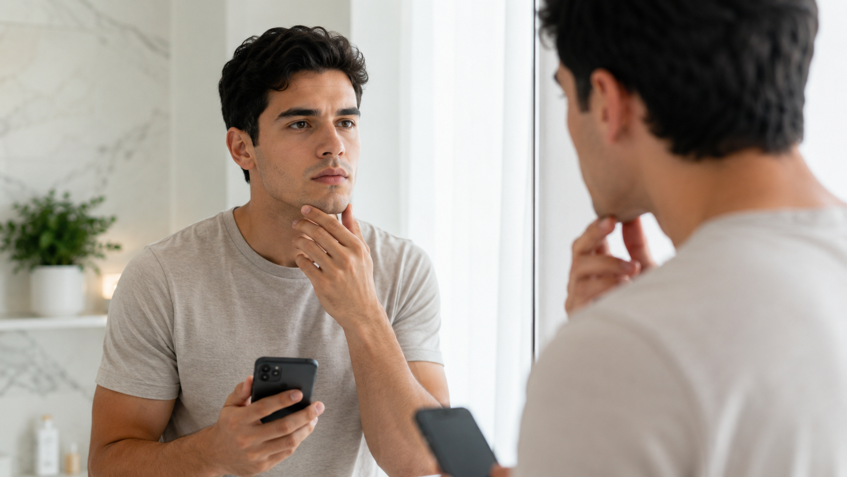 Looksmaxxing: cuando mejorar tu imagen puede convertirse en un problema 1 Joven mirándose al espejo con un móvil en la mano, reflexionando sobre su imagen personal y la influencia de las redes sociales.