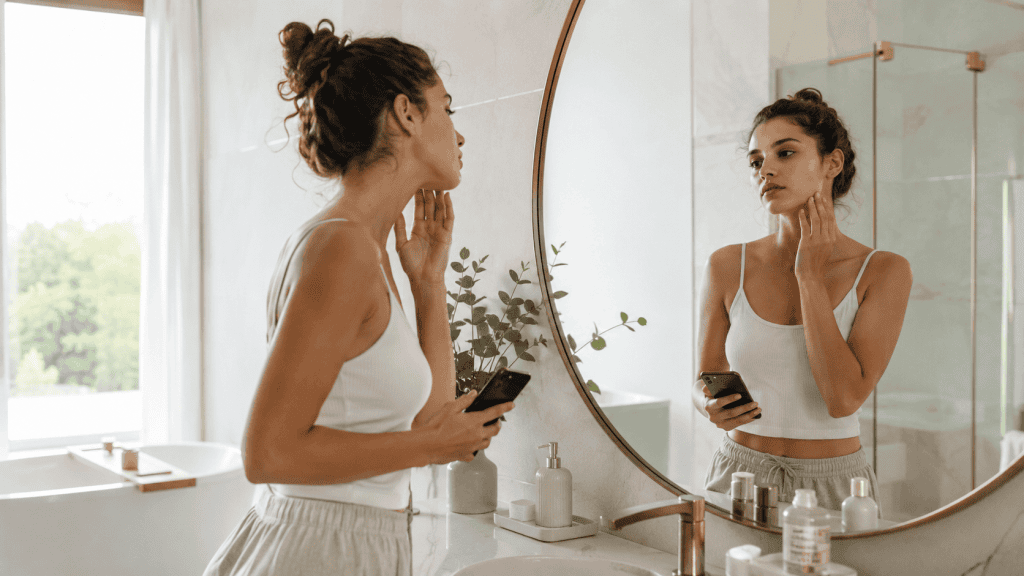 Looksmaxxing: cuando mejorar tu imagen puede convertirse en un problema 2 Persona joven mirándose al espejo con un móvil en la mano mientras reflexiona sobre su imagen.