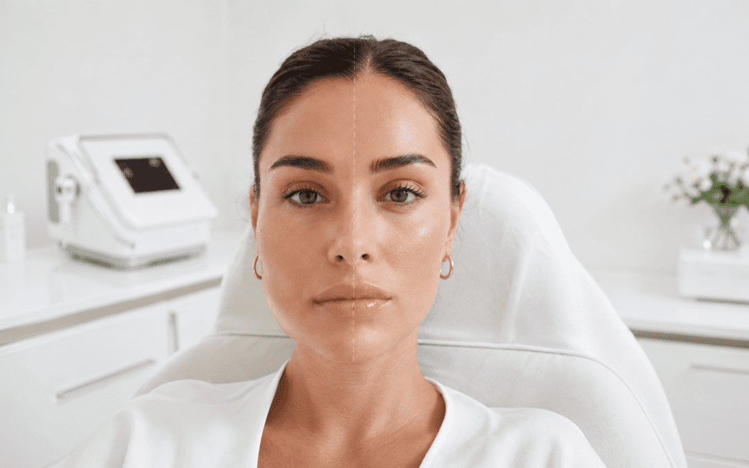 Mujer en consulta estética con comparación facial antes y después de un tratamiento de relleno