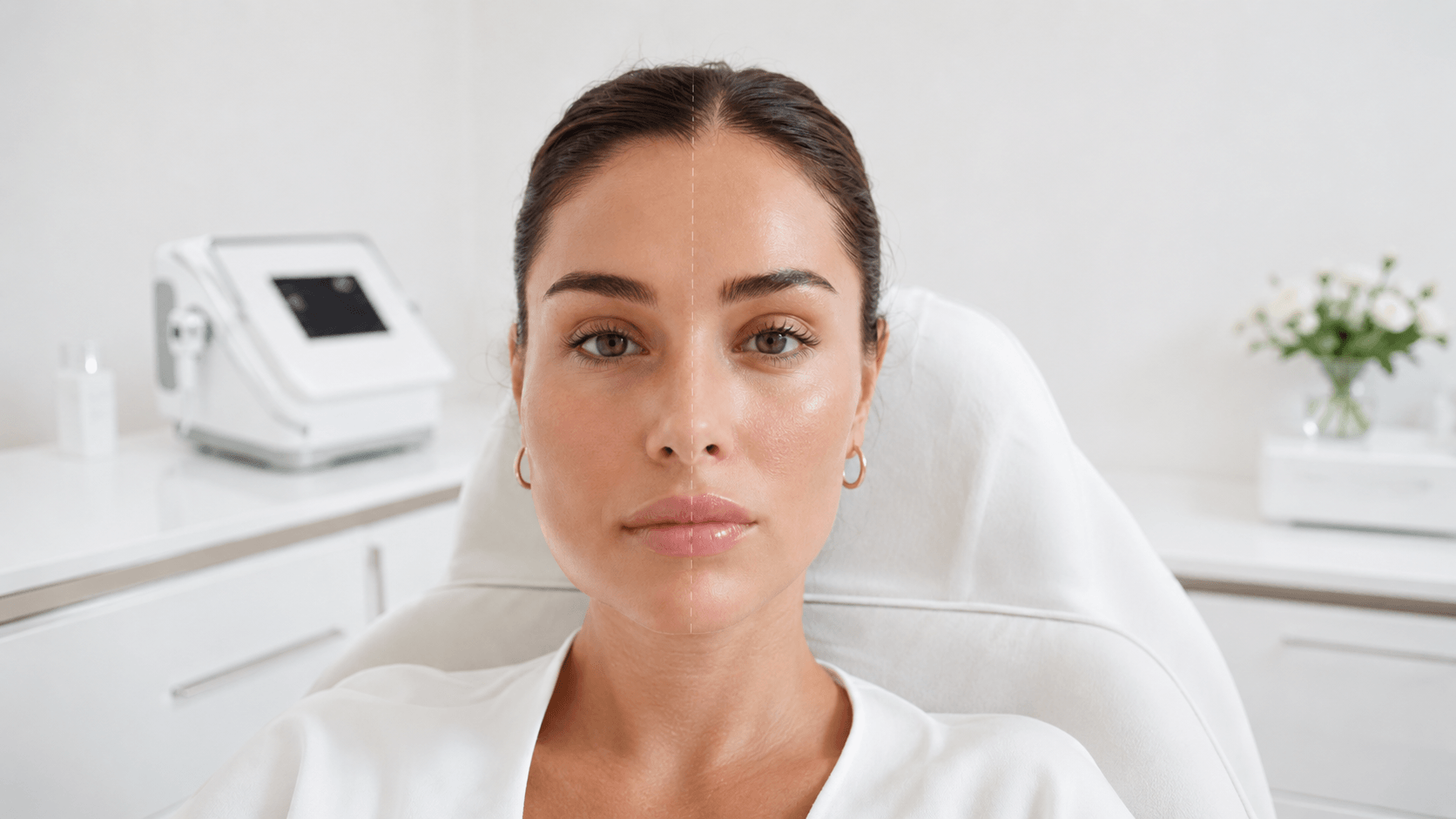 Mujer en consulta estética con comparación facial antes y después de un tratamiento de relleno