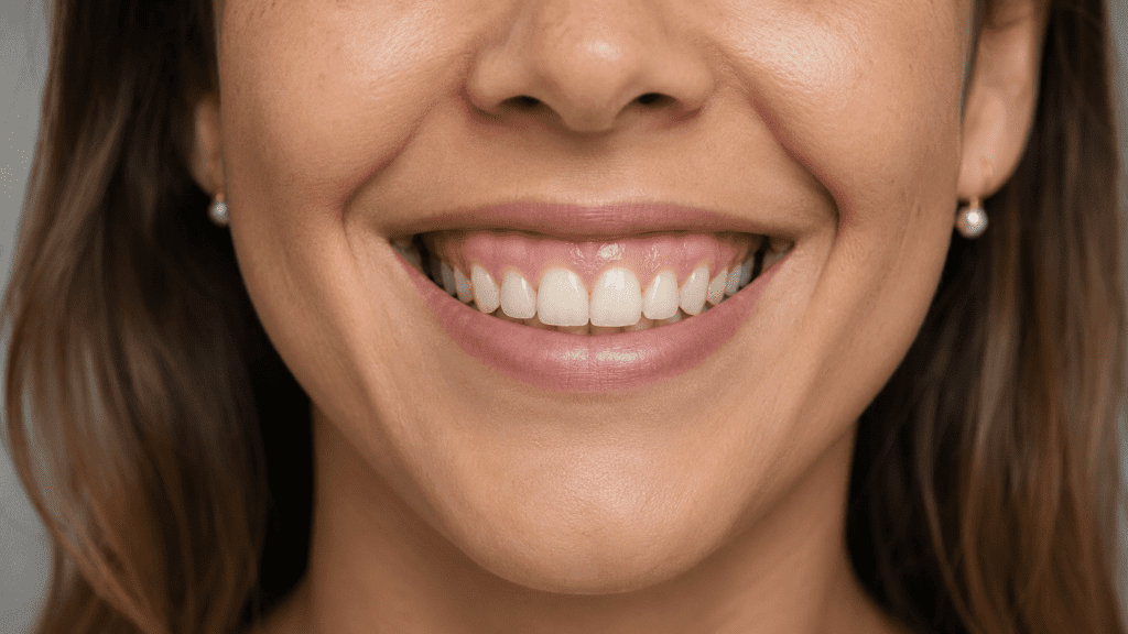 Primer plano de una sonrisa gingival moderada.