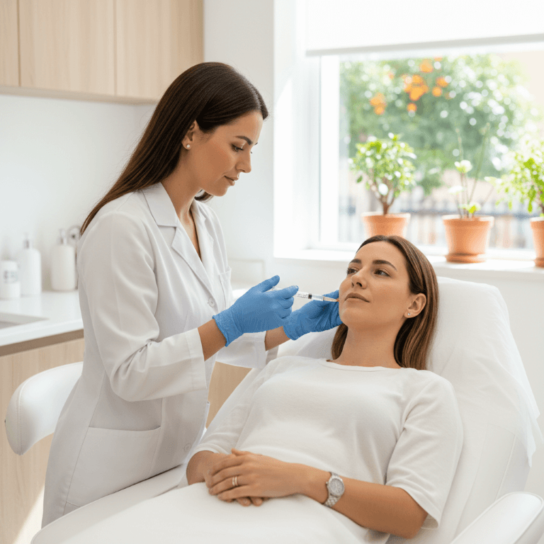 Profesional sanitario aplicando ácido hialurónico para aumento de labios en consulta estética