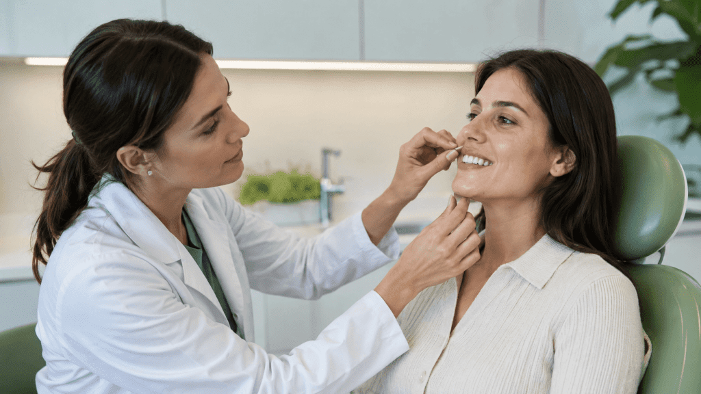 Profesional evaluando la sonrisa gingival de una paciente.