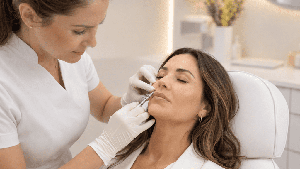 Profesional sanitaria aplicando toxina botulínica en la zona del labio superior.