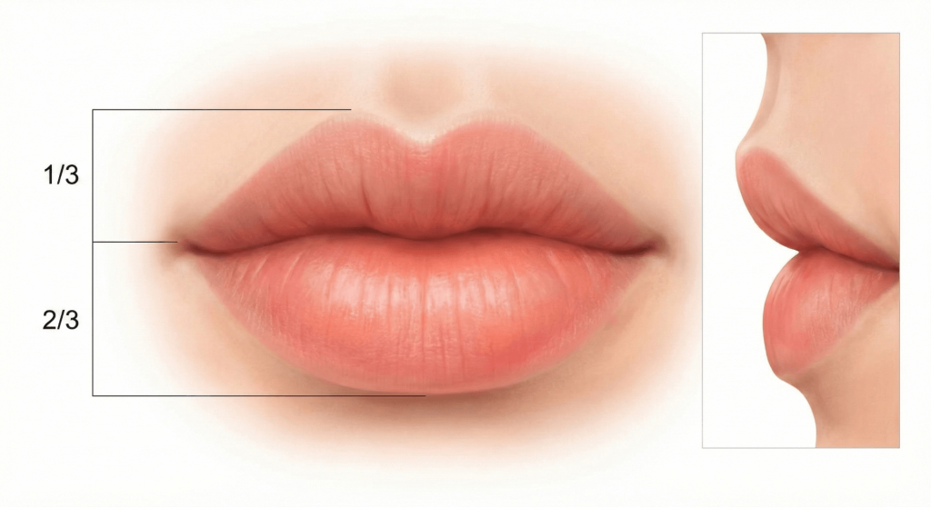 Proporciones ideales en aumento de labios: relación 1/3 labio superior y 2/3 labio inferior