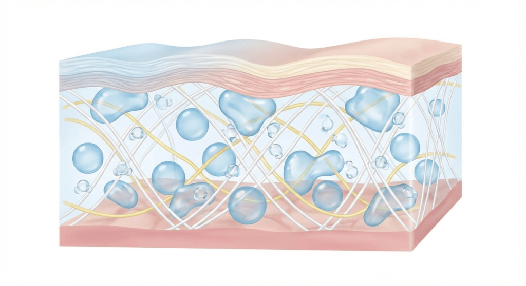 Representación del ácido hialurónico en la piel reteniendo agua y aportando hidratación