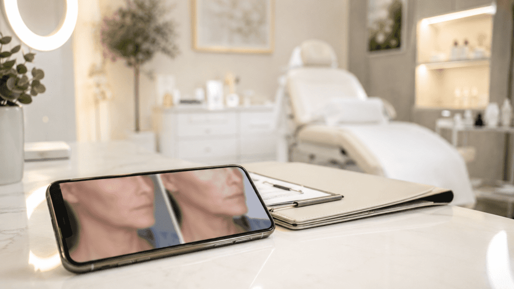 Teléfono con imágenes de antes y después en una consulta de medicina estética facial