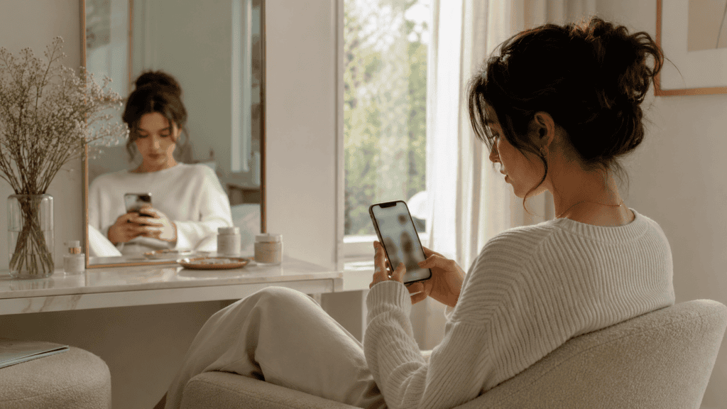 Looksmaxxing: cuando mejorar tu imagen puede convertirse en un problema 4 Persona joven mirando un móvil junto a un espejo en un contexto de comparación estética.