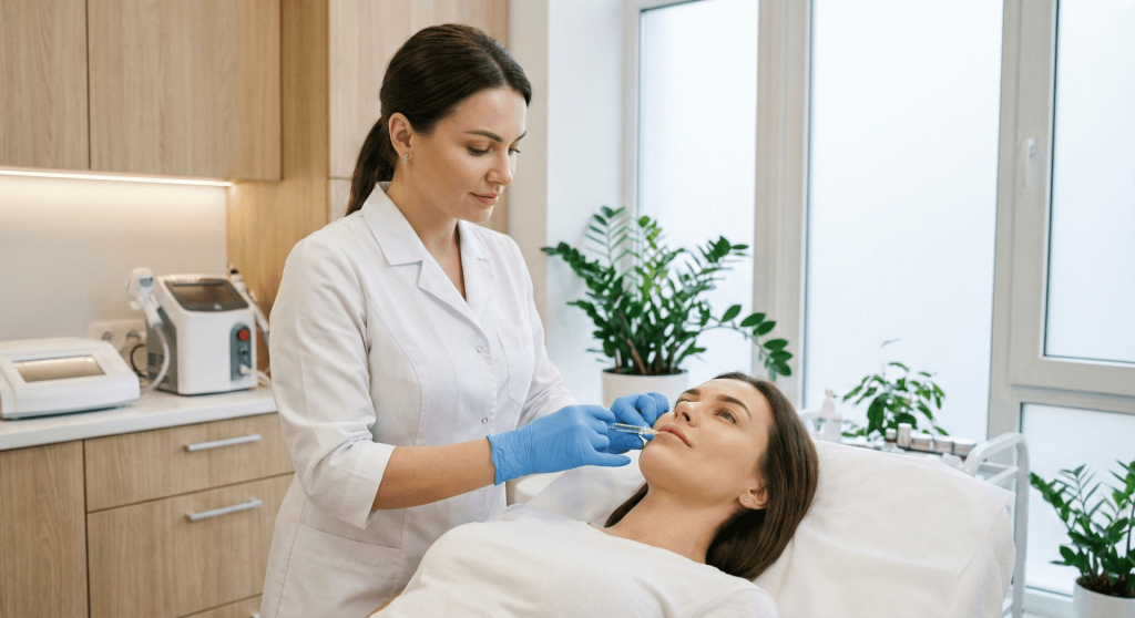 Aplicación de ácido hialurónico para aumento de labios en consulta médica