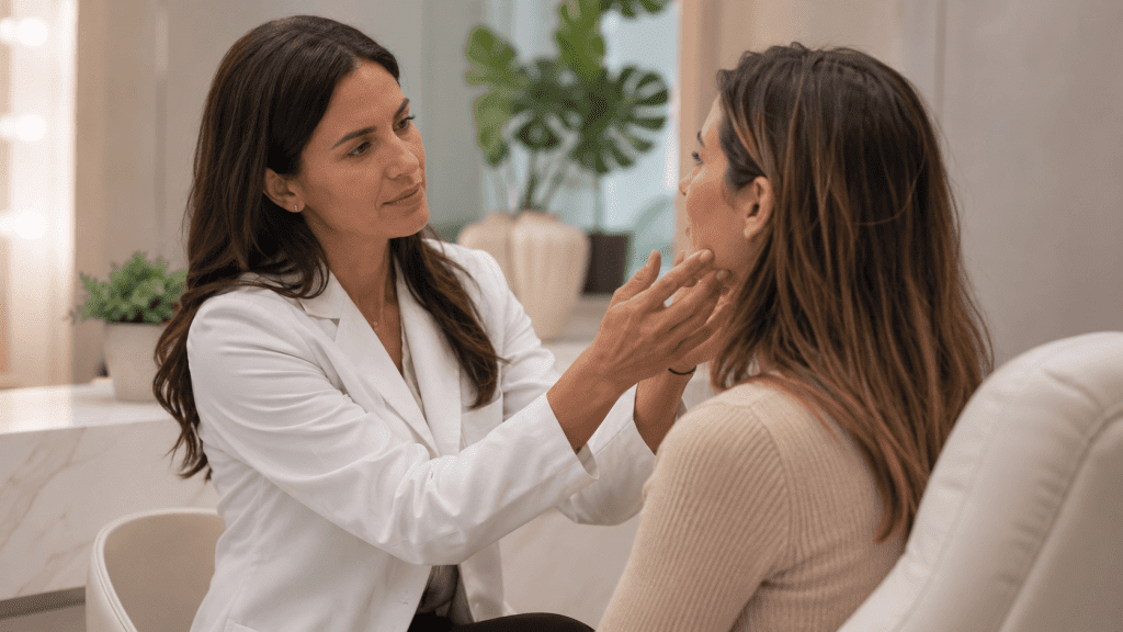 Médica realiza una valoración facial a una paciente en consulta de medicina estética