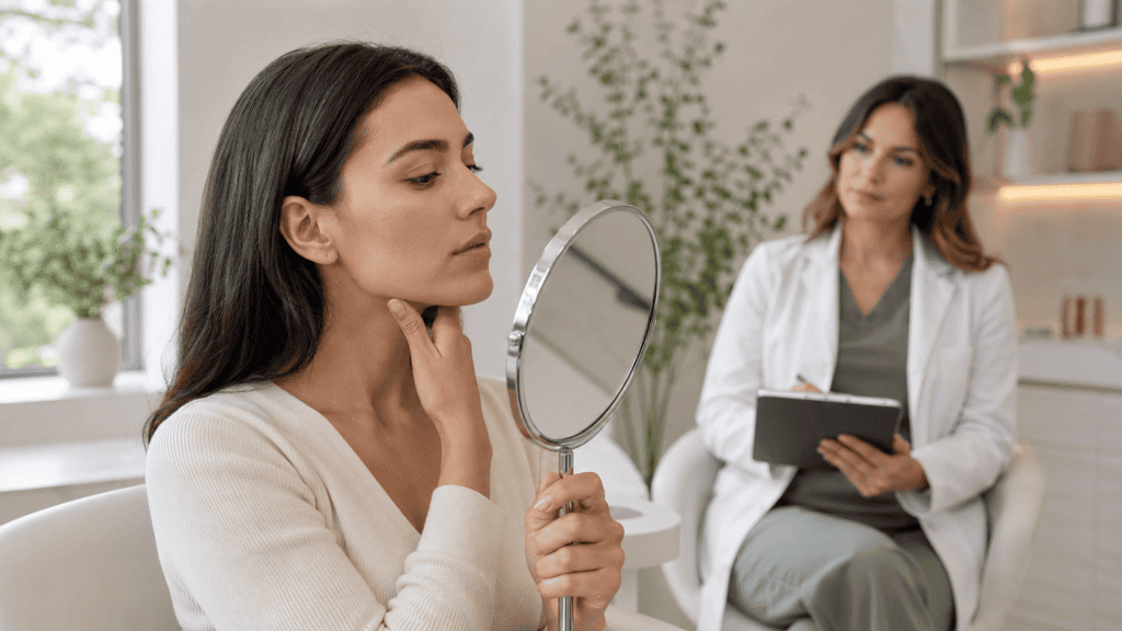 Looksmaxxing: cuando mejorar tu imagen puede convertirse en un problema 3 Paciente observando su rostro durante una valoración estética en consulta médica.