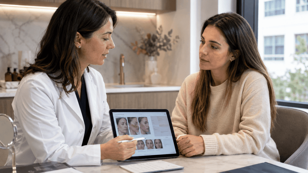 Médica muestra imágenes faciales en una tablet durante una consulta de medicina estética