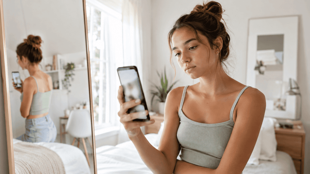 Adolescente mirando un móvil junto a un espejo mientras reflexiona sobre su imagen.