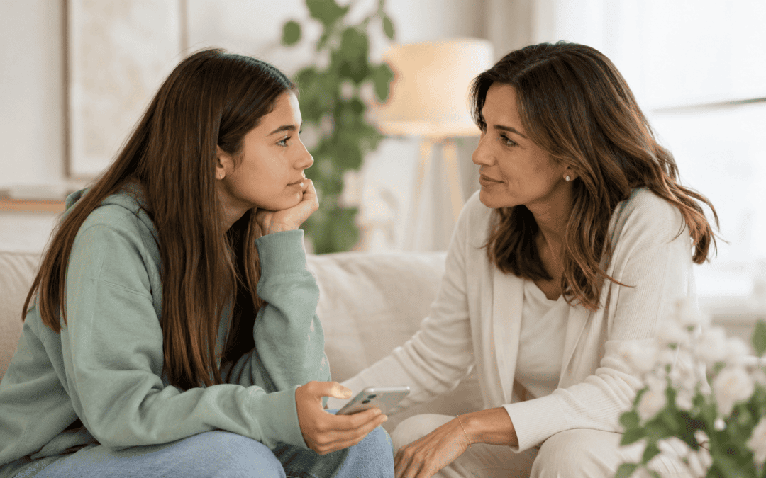 Madre hablando con su hija adolescente sobre imagen personal, redes sociales y retoques estéticos.