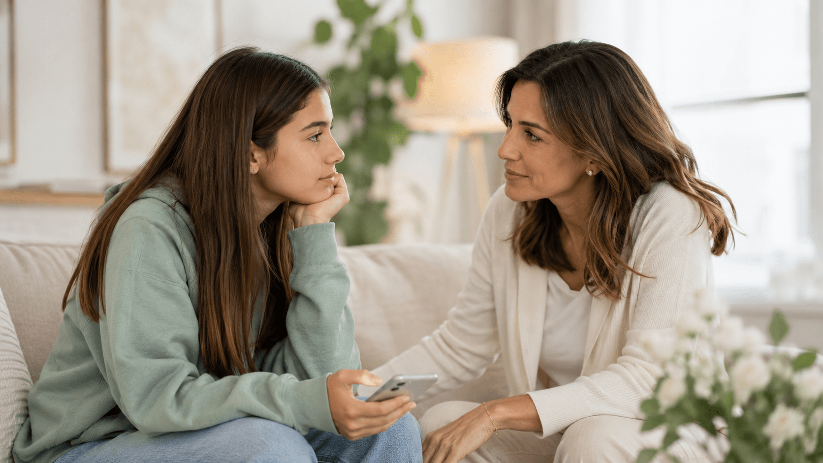 Madre hablando con su hija adolescente sobre imagen personal, redes sociales y retoques estéticos.
