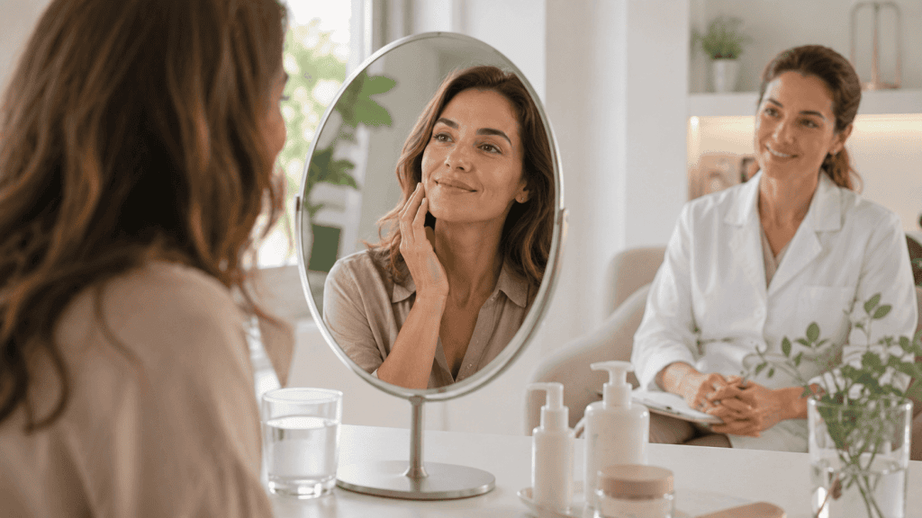 Soft looksmaxxing: cómo mejorar tu imagen desde la salud, sin caer en extremos 5 Mujer observando su rostro natural en un espejo durante una consulta estética.