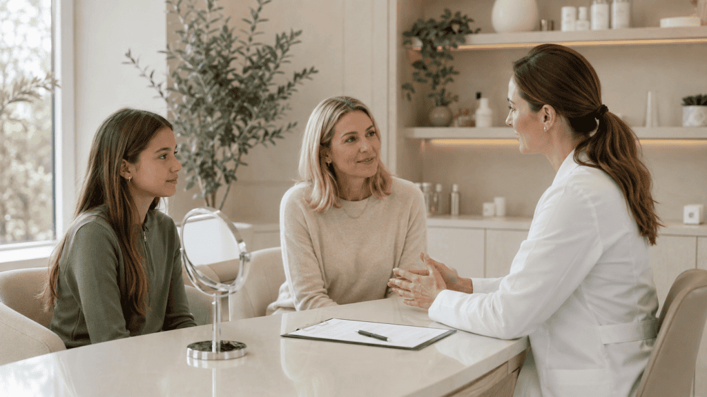 Profesional sanitaria orientando a una madre y una adolescente en consulta estética.