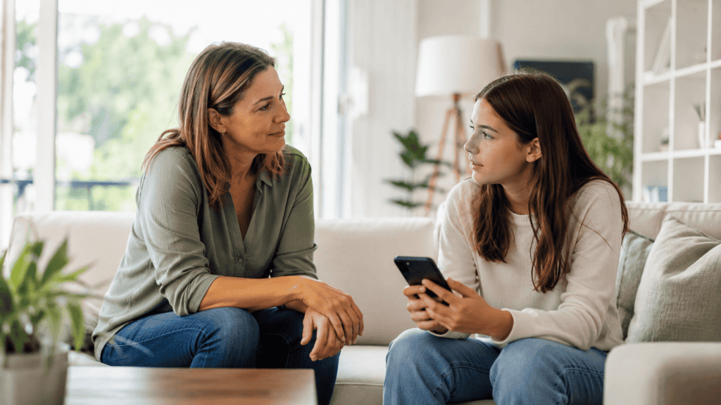Madre hablando con su hija adolescente sobre imagen personal y redes sociales.