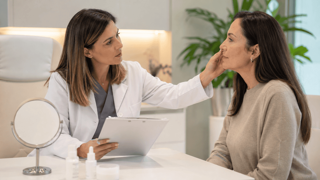 Soft looksmaxxing: cómo mejorar tu imagen desde la salud, sin caer en extremos 4 Médica evaluando la piel de una paciente antes de recomendar un tratamiento estético.