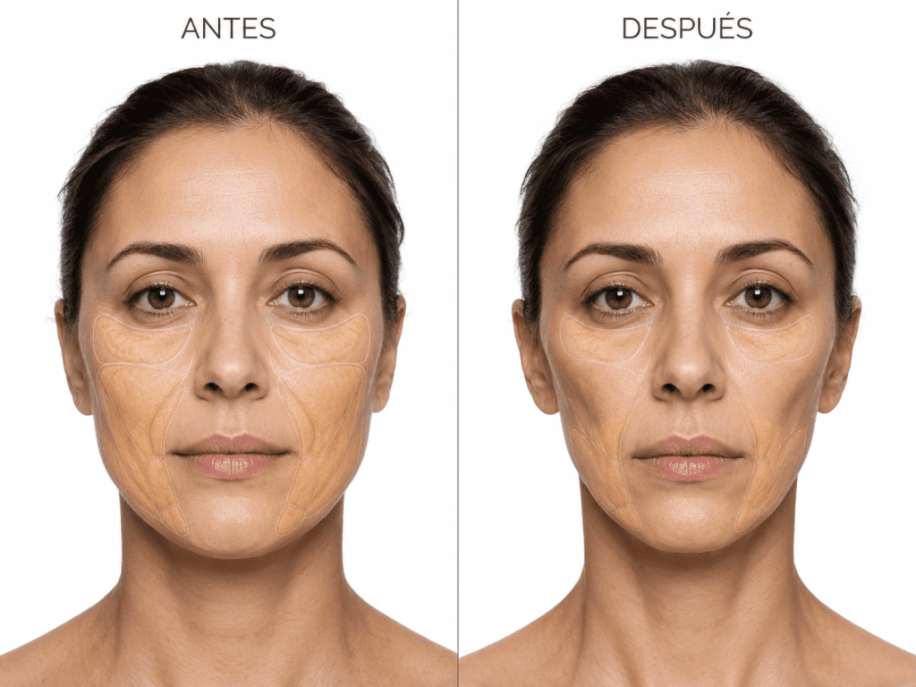 Comparativa antes y después de la pérdida de grasa facial en mejillas y zona infraorbitaria