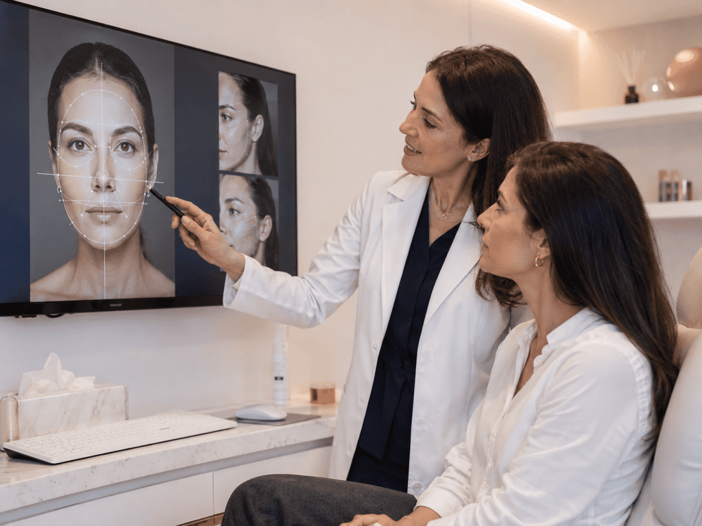 Doctora explicando a una paciente el análisis de proporciones faciales en pantalla