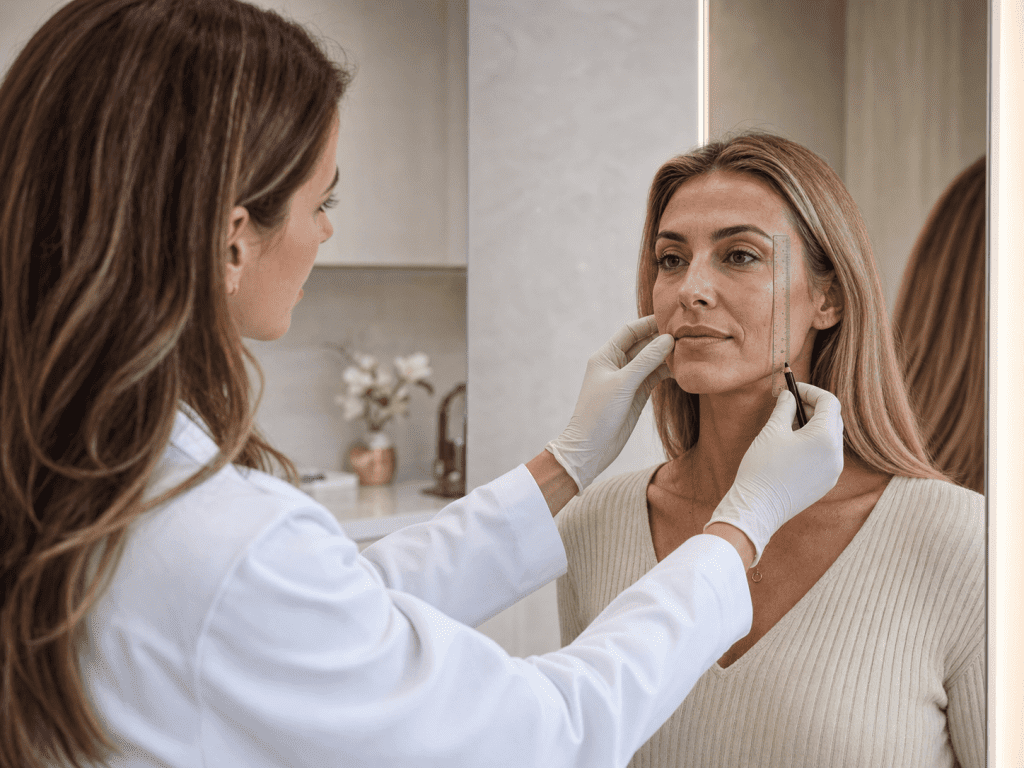 Especialista en medicina estética evaluando las proporciones faciales de una paciente antes de un tratamiento