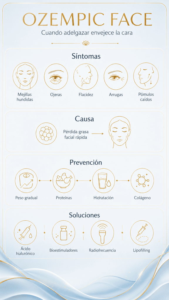Infografía sobre Ozempic face y pérdida de volumen facial tras adelgazar