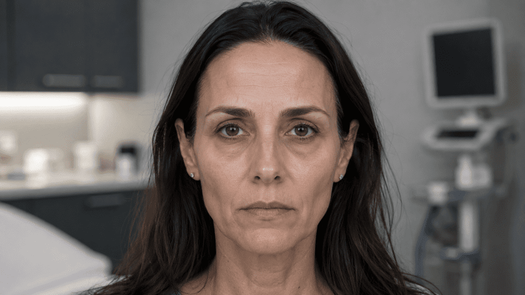 Mujer en consulta estética con pérdida de volumen facial y signos de flacidez