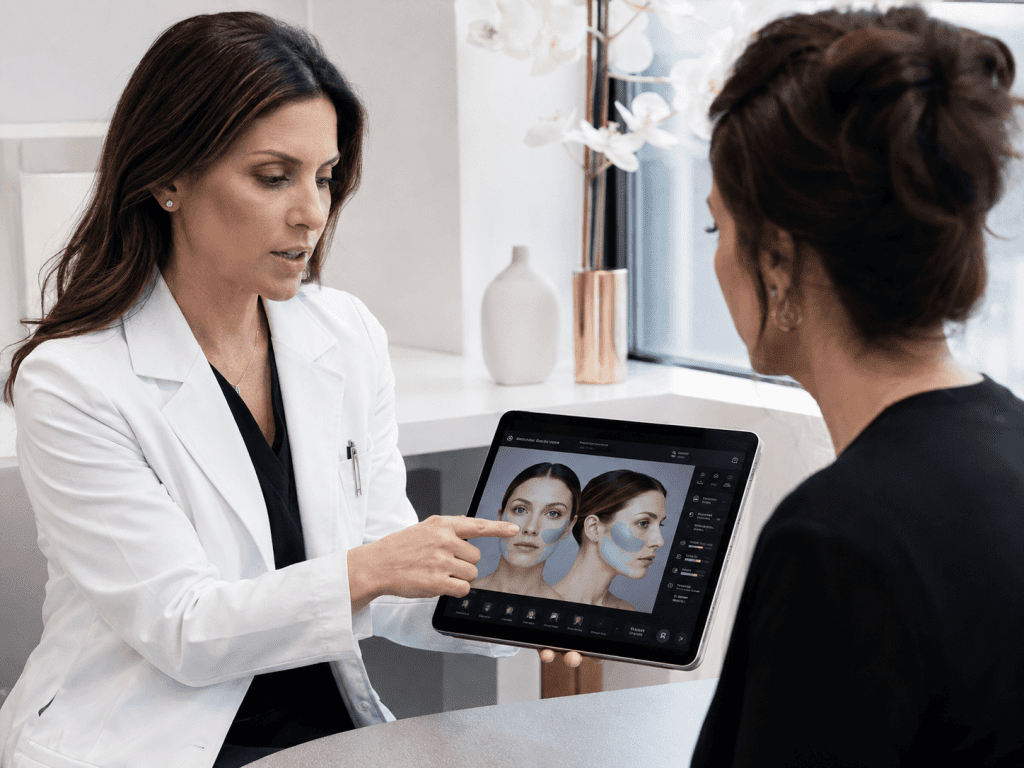 Doctora explicando a una paciente las zonas de pérdida de volumen facial en una tablet