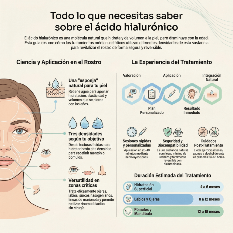 Infografía sobre ácido hialurónico y sus aplicaciones en tratamientos faciales y aumento de labios