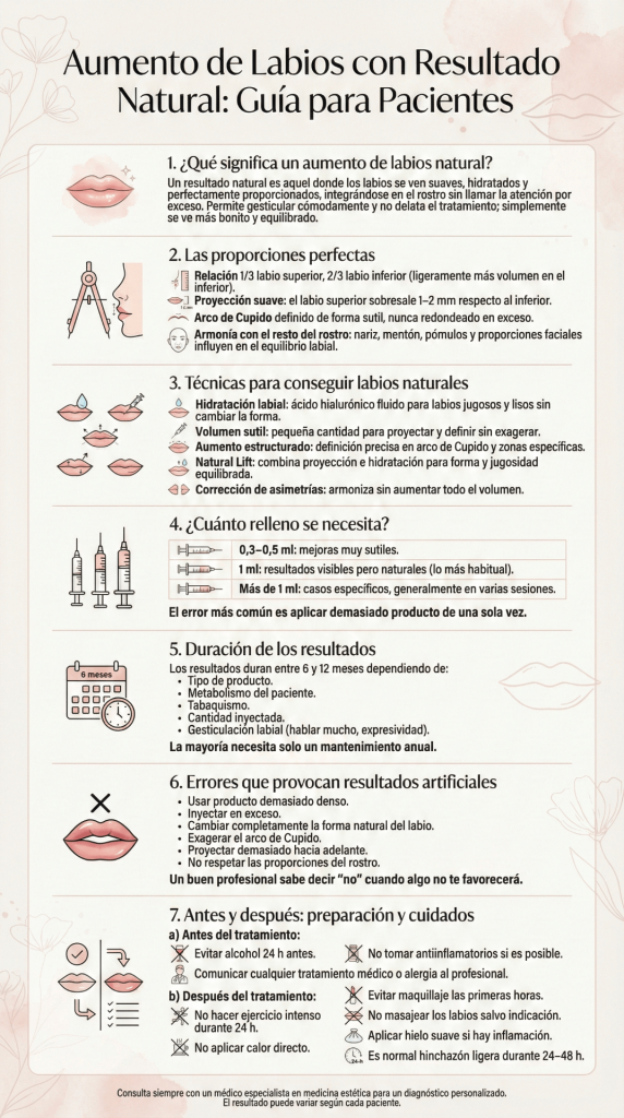 Infografía sobre aumento de labios con resultado natural: proporciones, técnicas, cantidad de relleno y duración