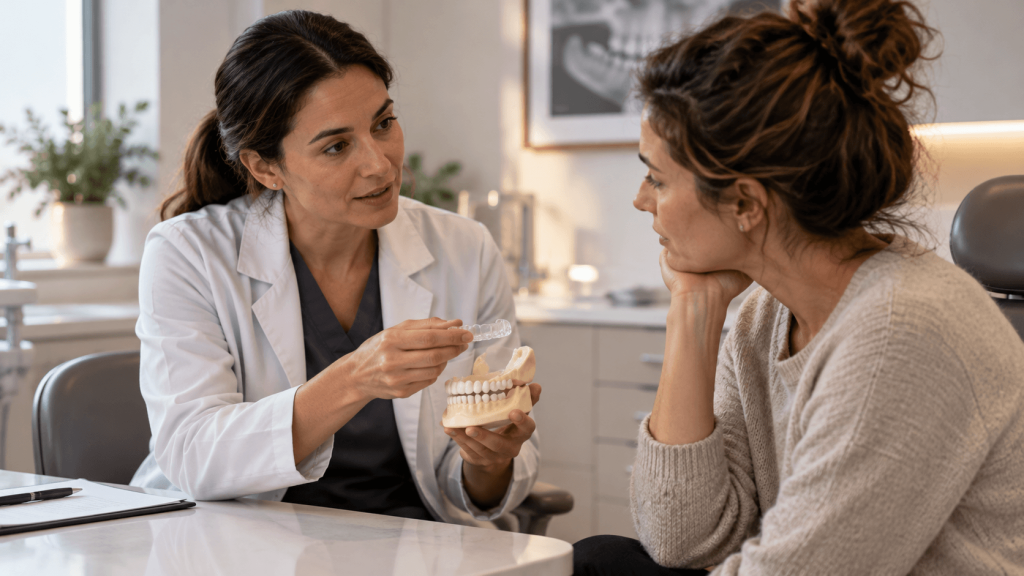 Dentista explica a una paciente el uso de una férula de descarga para el bruxismo