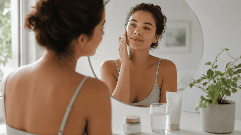 Soft looksmaxxing: cómo mejorar tu imagen desde la salud, sin caer en extremos 2 Mujer cuidando su piel frente al espejo desde un enfoque natural y saludable.